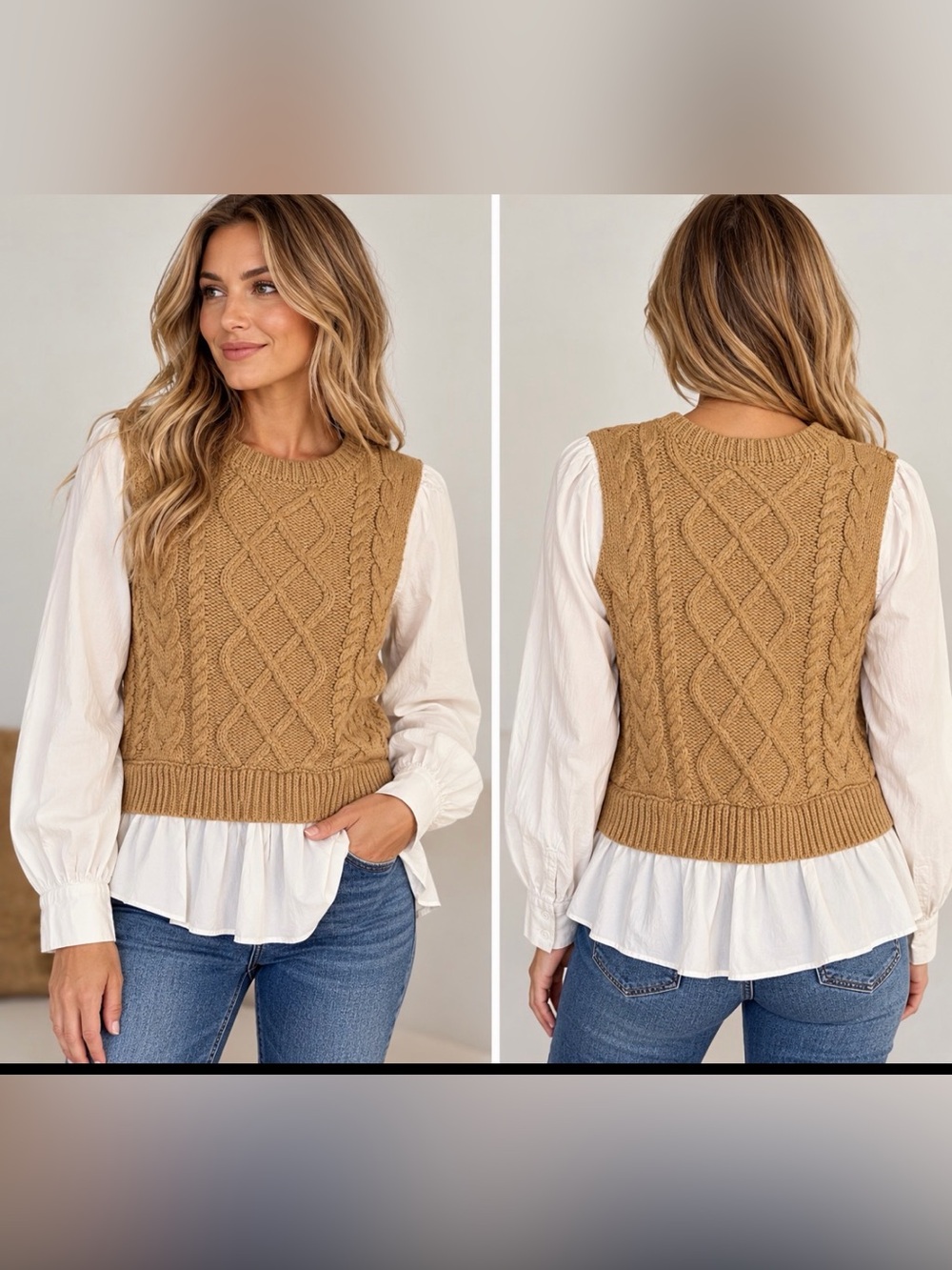 Anthropologie Tan Cable Knit Mixed Media Layered Look Top S